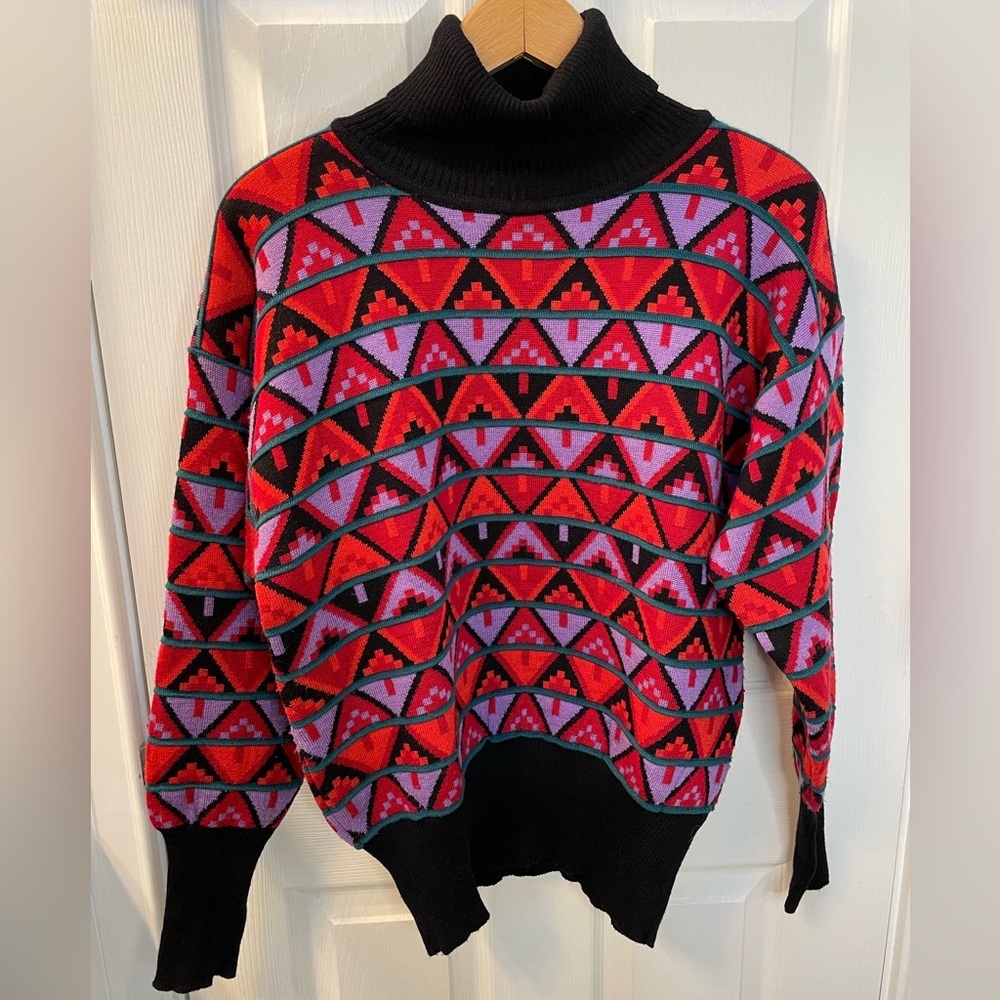Vintage Tyrolia Skiwear Sweater Turtleneck Geometric Retro Wool Blend Medium